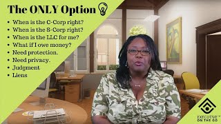 A person with a blurred face sits in an office. A green overlay lists business-related questions: "When is the C-Corp right?", "When is the S-Corp right?", "When is the LLC for me?", "What if I owe money?", "Need protection.", "Need privacy.", "Judgment", and "Liens".